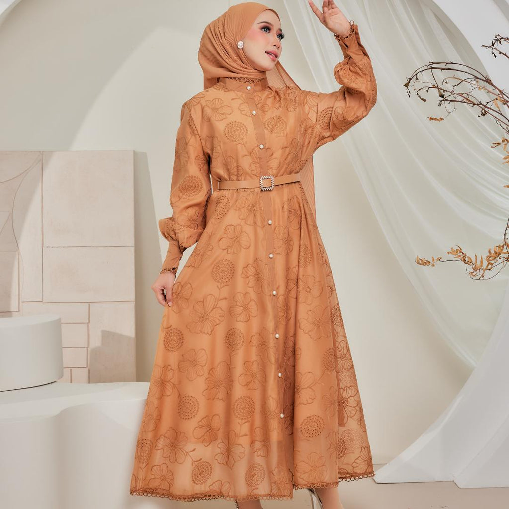 Zeez Scarves Seth Dress Silk Sulam dengan Lining dan Percuma tali pinggang