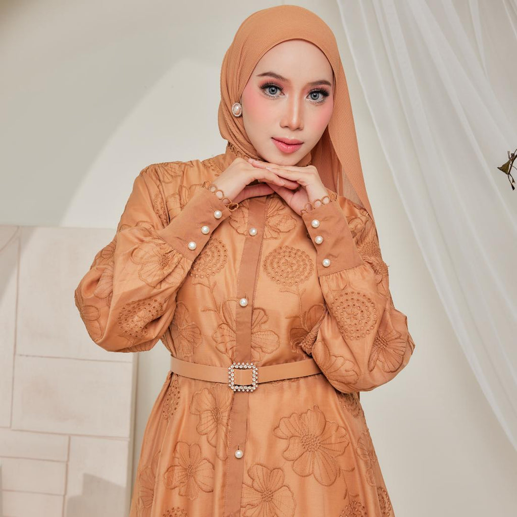 Zeez Scarves Seth Dress Silk Sulam dengan Lining dan Percuma tali pinggang